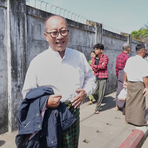 Kyi Toe, a member of National League for Democracy’s central information committee, speaks after he was released from Insein prison Thursday, Nov. 27, 2025, in Yangon, Myanmar, as part of a mass amnesty granted by the country's military rules. (AP Photo/Thein Zaw)