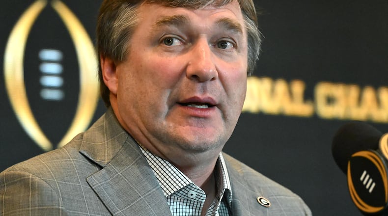 Georgia head coach Kirby Smart speaks during the champions news conference at Los Angeles Airport Marriott, Tuesday, Jan. 10, 2023, in Los Angeles, California. (Hyosub Shin / Hyosub.Shin@ajc.com)