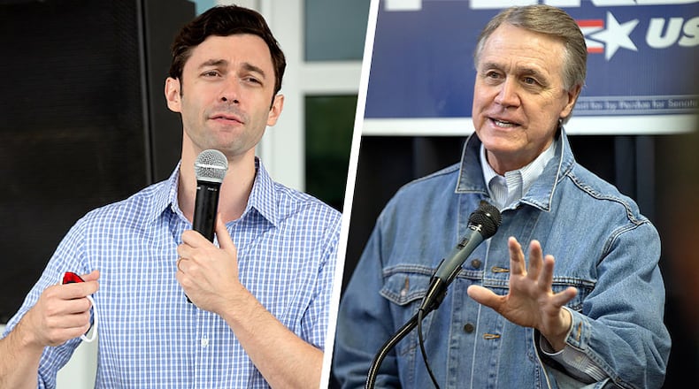 NBC News has made a call in the race between Democrat Jon Ossoff and Republican U.S. Sen. David Perdue, saying the two are headed for a Jan. 5 runoff after Perdue's vote total fell under the 50% threshold that Georgia law requires for an outright win. (Photos: Steve Schaefer / Special to The Atlanta Journal-Constitution)