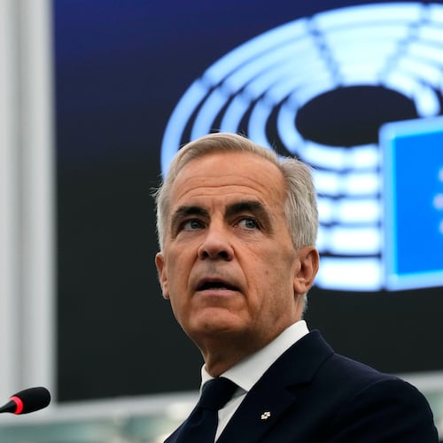 Prime Minister Mark Carney addresses the European Parliament in Strasbourg, France, on Thursday, Sept. 17, 2026. (Justin Tang /The Canadian Press via AP)