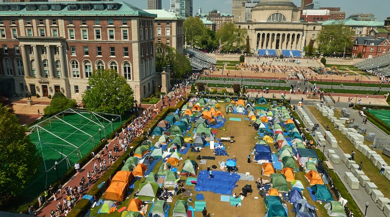 Pro-Palestinian protesters gather April 29 on the campus of Columbia University in New York. (Bing Guan/The New York Times)