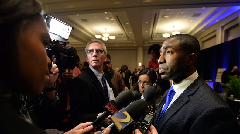 January 22, 2015 DeKalb, GA: DeKalb County CEO Lee May answers questions about plans to create a new government Center. Lee delivered the State of the County address to business leaders Thursday January 22, 2015 at the Thalia N. Carlos Hellenic Community Center. SANDERLIN / BSANDERLIN@AJC.COM Interim DeKalb County CEO Lee May in a press scrum earlier this year. Brant Sanderlin, bsanderlin@ajc.com