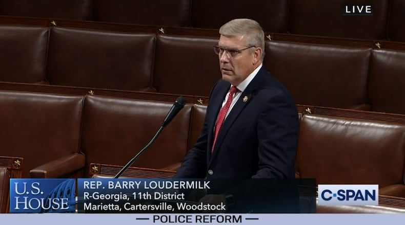 Screenshot of C-SPAN feed as U.S. Rep. Barry Loudermilk, R-Cassville, speaks on the House floor during debate on the George Floyd Justice in Policing Act on Thursday, June 25, 2020.