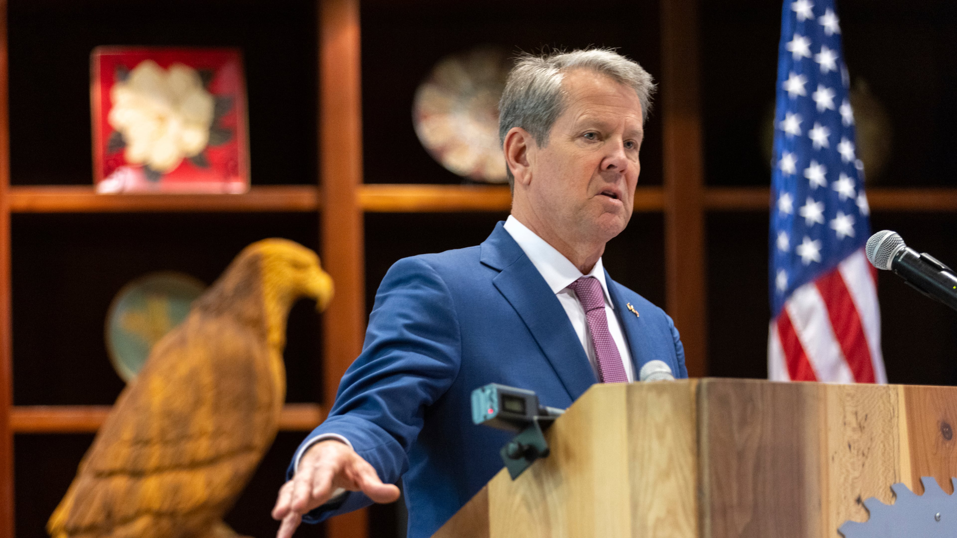 Gov. Brian Kemp speaks before signing Hurricane Helene relief bills at the Georgia Forestry Association in Forsyth, Ga., on May 8, 2025. Georgia leaders see international trade relationships as a way to help Georgia farmers recover from the storm. (Arvin Temkar/AJC)