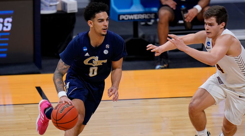 Georgia Tech guard Michael Devoe (0) as Georgia Tech played Loyola Chicago in the first round of the NCAA tournament Friday, March 19, 2021, at Hinkle Fieldhouse in Indianapolis. Loyola Chicago won 71-60. (AJ Mast/AP)
