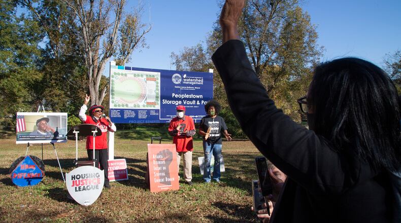 Bertha Darden speaks during an Anti-Election rally where Peoplestown residents are fighting the city of Atlanta's yearslong attempt to take away their homes. The city is trying to do so in order to improve the flood protection conditions in Peoplestown. PHIL SKINNER FOR THE ATANTA JOURNAL-CONSTITUTION