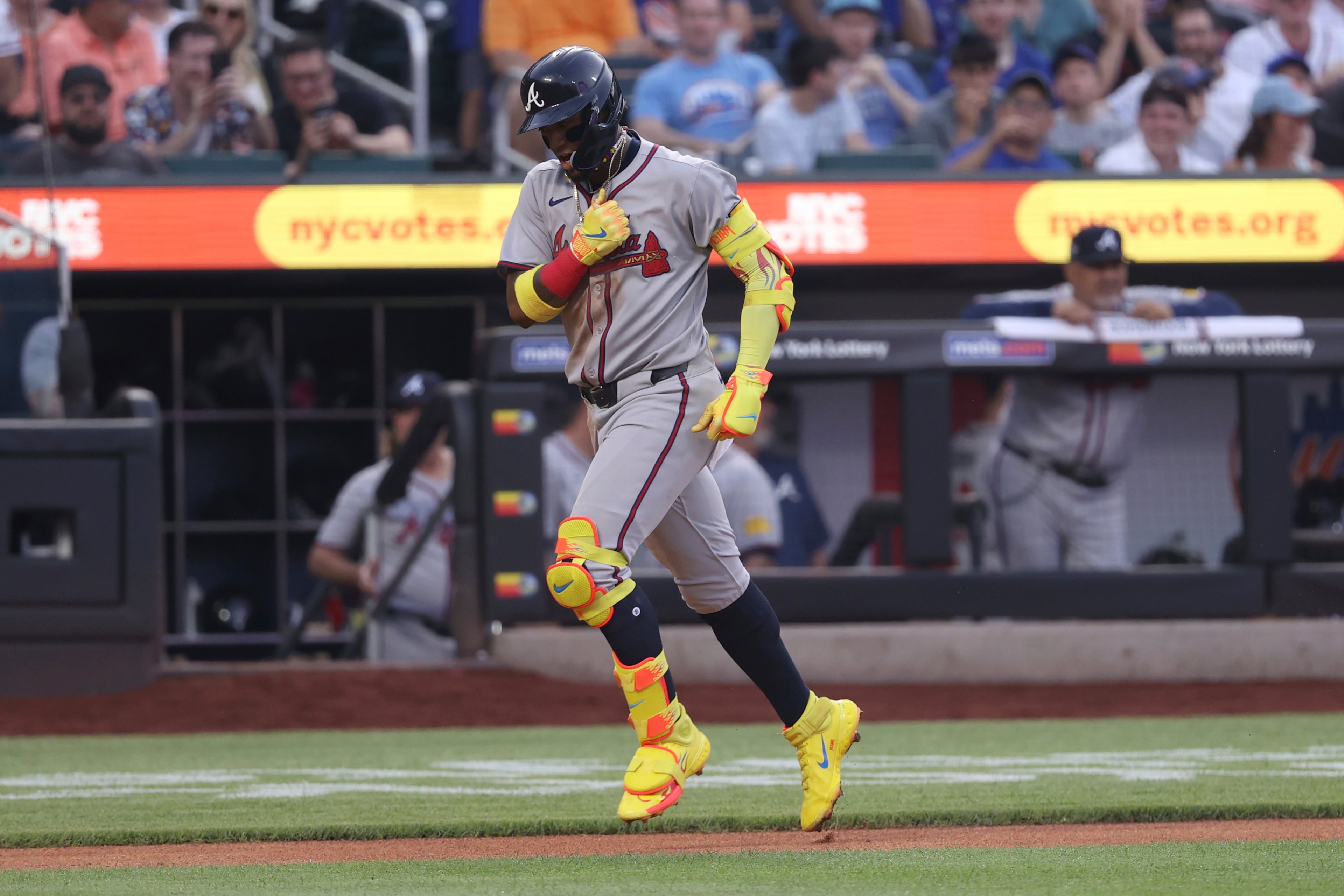 Atlanta Braves' Ronald Acuña Jr. reacts after hitting a home run during the third inning of a baseball game against the New York Mets, Monday, June 23, 2025, in New York. (AP Photo/Pamela Smith)