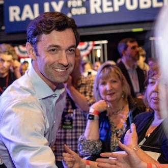 U.S. Jon Ossoff, a Georgia Democrat, greets supporters after a “Rally for the Republic” at The Eastern on Saturday, March 22, 2025. (Jenni Girtman for the AJC)