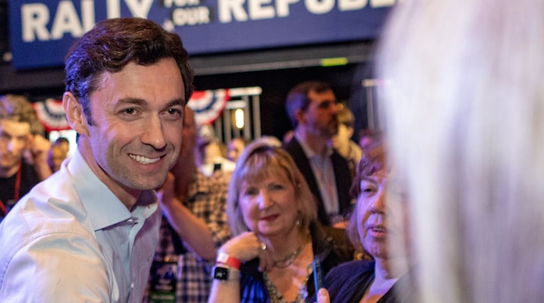 U.S. Jon Ossoff, a Georgia Democrat, greets supporters after a “Rally for the Republic” at The Eastern on Saturday, March 22, 2025. (Jenni Girtman for the AJC)