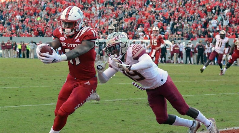 Jakobi Meyers, who played high school football for Arabia Mountain in DeKalb County, set the N.C. State single-season record for receptions with 92 for 1,047 yards this past season.