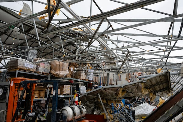 The interior of the destroyed Gordon-Hardy building after a tornado passed through an industrial industrial park on Thursday, April 3, 2025, in Jeffersontown, Ky. (AP Photo/Jon Cherry)