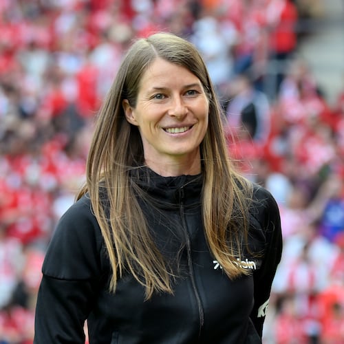 Union Berlin's coach Marie-Louise Eta smiles before the German Bundesliga soccer match between 1. FSV Mainz 05 and 1. FC Union Berlin in Mainz, Germany, Saunday, May 10, 2026. (Torsten Silz/dpa via AP)