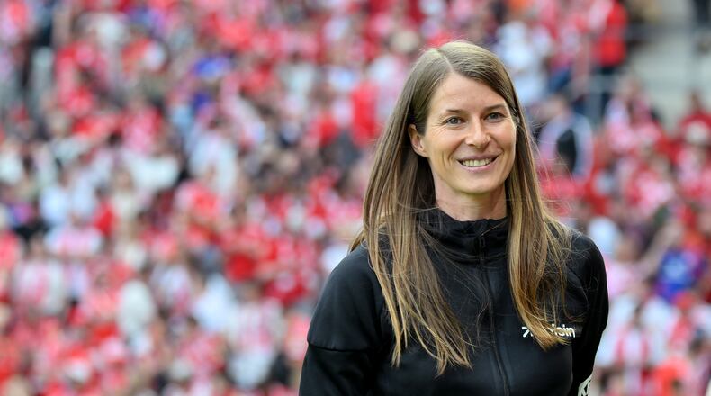Union Berlin's coach Marie-Louise Eta smiles before the German Bundesliga soccer match between 1. FSV Mainz 05 and 1. FC Union Berlin in Mainz, Germany, Saunday, May 10, 2026. (Torsten Silz/dpa via AP)