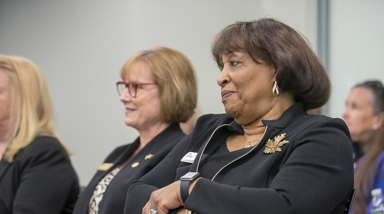 Fulton County School Board President Linda Bryant (right) listens during a meeting to announce the finalist for superintendent on Wednesday, April 17, 2019. (ALYSSA POINTER/ALYSSA.POINTER@AJC.COM)
