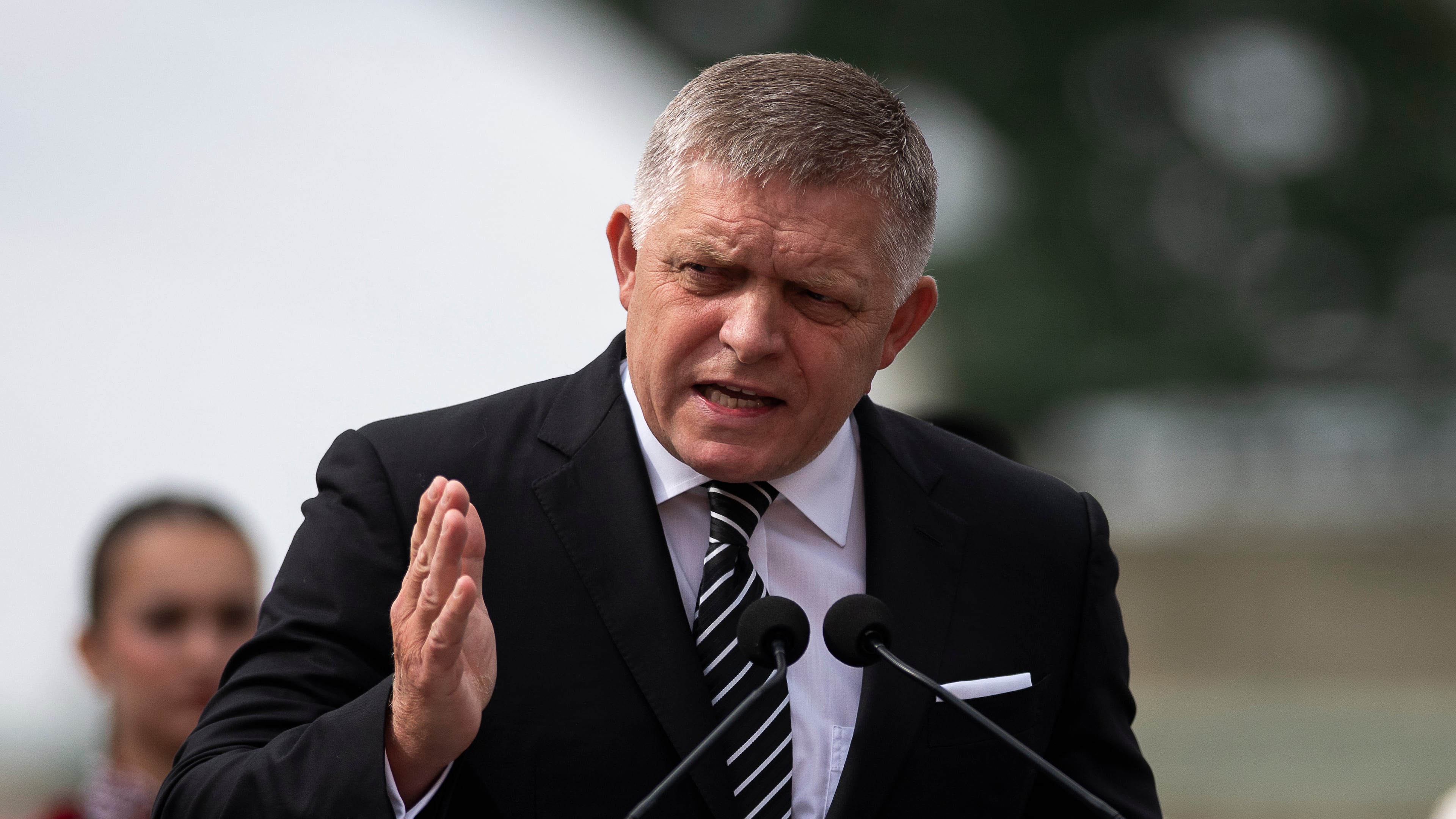 Slovakia's Prime Minister Robert Fico delivers his speech during the 130th anniversary celebration of Mária Valeria Bridge in Esztergom, Hungary, on Sunday, Sept. 28, 2025. (AP Photo/Denes Erdos)