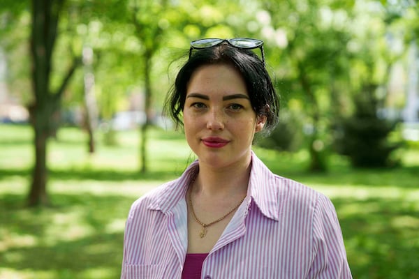 Olha Kurtmalaieva stands in a park in Kyiv, Ukraine, on Wednesday, April 23, 2025. (AP Photo/Evgeniy Maloletka)