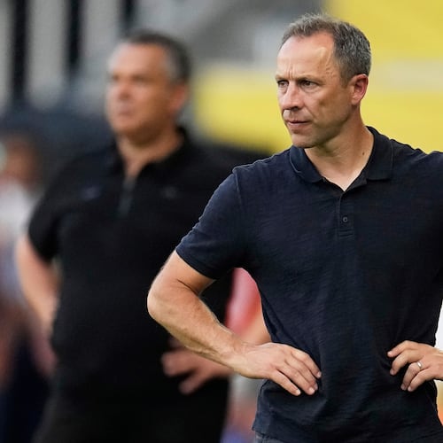 FILE - Los Angeles FC manager Steve Cherundolo reacts during the Club World Cup Group D soccer match between Los Angeles FC and ES Tunisie in Nashville, Tenn., June 20, 2025. (AP Photo/George Walker IV, File)