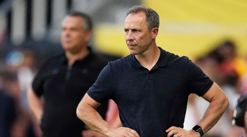 FILE - Los Angeles FC manager Steve Cherundolo reacts during the Club World Cup Group D soccer match between Los Angeles FC and ES Tunisie in Nashville, Tenn., June 20, 2025. (AP Photo/George Walker IV, File)