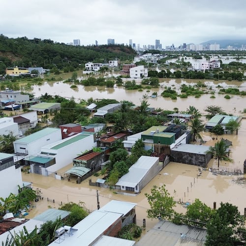 Houses are submerged by floods in Khanh Hoa, Vietnam, Nov. 20, 2025. (Nguyen Huy Thanh/VNA via AP)