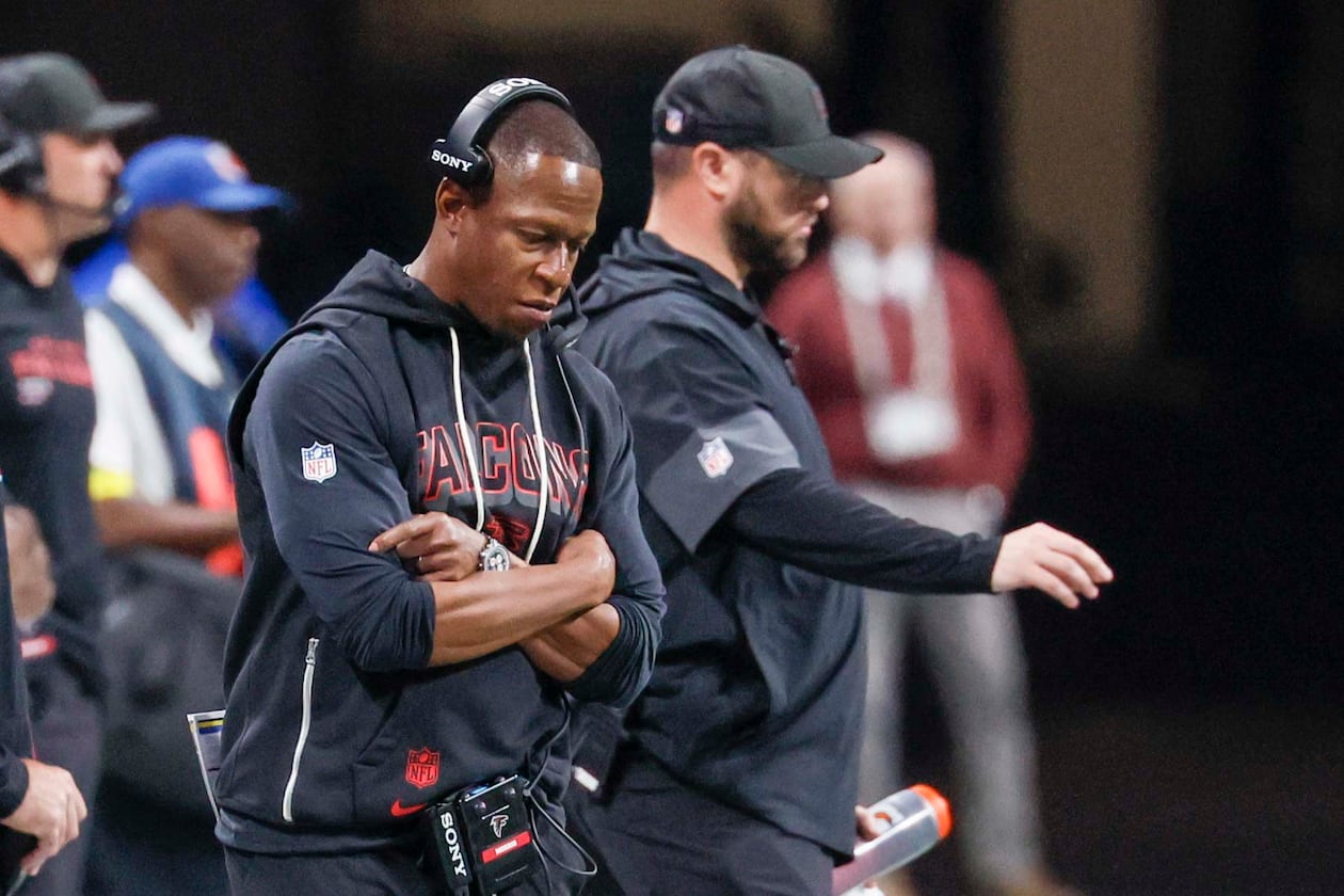 Atlanta Falcons head coach Raheem Morris reacts during the second half of an NFL football game against the Seattle Seahawks at Mercedes-Benz Stadium in Atlanta on Sunday, Dec. 7, 2025.
(Miguel Martinez/ AJC)