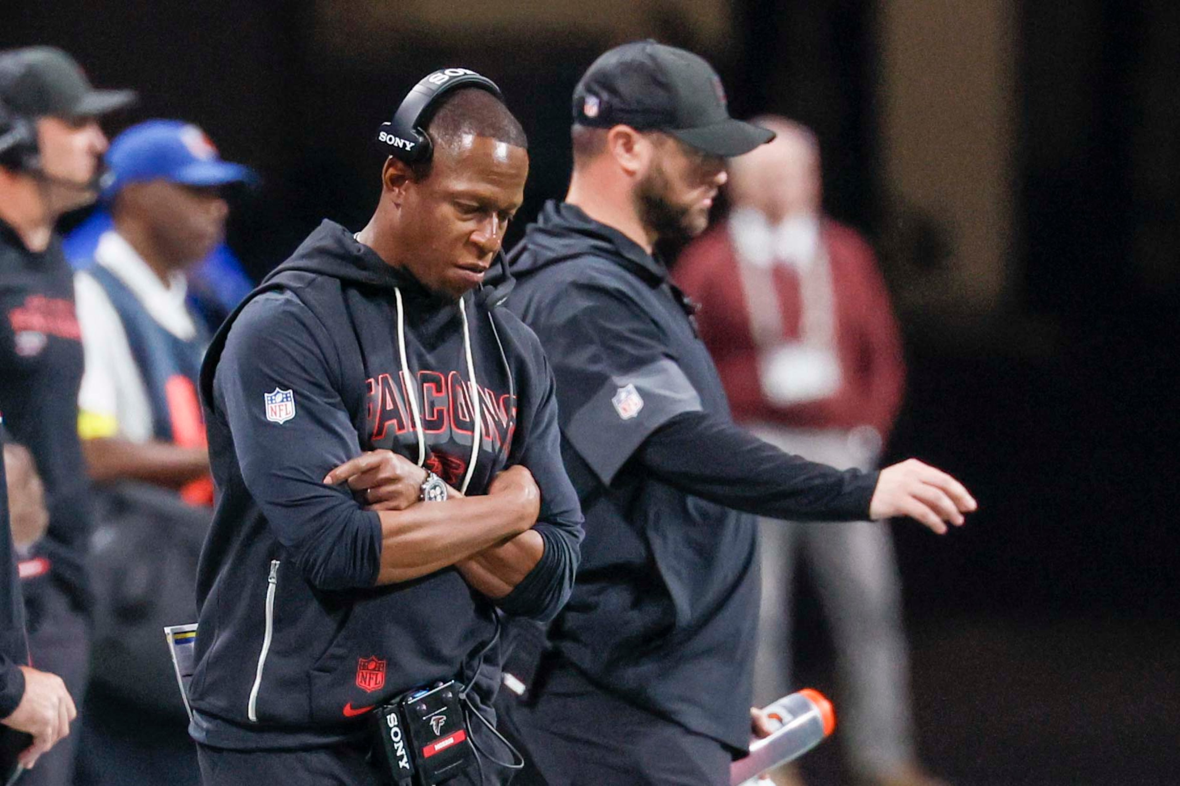 Atlanta Falcons head coach Raheem Morris reacts during the second half of an NFL football game against the Seattle Seahawks at Mercedes-Benz Stadium in Atlanta on Sunday, Dec. 7, 2025.
(Miguel Martinez/ AJC)