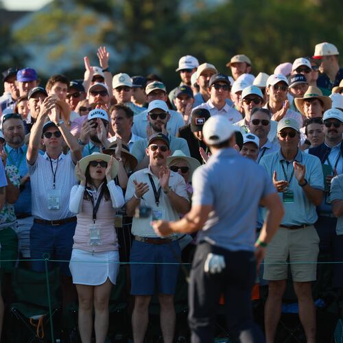 Patrons cheer for Rory McIlroy 18th hole during third round of the Masters, at Augusta National Golf Club, Saturday, April 11, 2026, in Augusta, GA (Jason Getz/AJC)