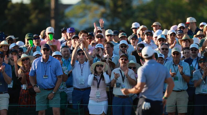 Patrons cheer for Rory McIlroy 18th hole during third round of the Masters, at Augusta National Golf Club, Saturday, April 11, 2026, in Augusta, GA (Jason Getz/AJC)