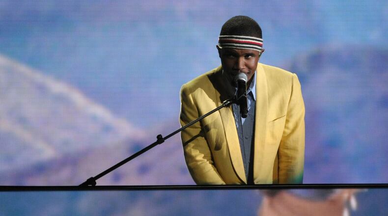 FILE- In this Feb. 10, 2013, file photo, Frank Ocean performs on stage at the 55th annual Grammy Awards in Los Angeles. Ocean's 17-track album "Blonde" was released on Saturday, Aug. 20, 2016, on Apple Music , one day after the R&B singer released a 45-minute "visual album" on the streaming service. (Photo by John Shearer/Invision/AP, File)