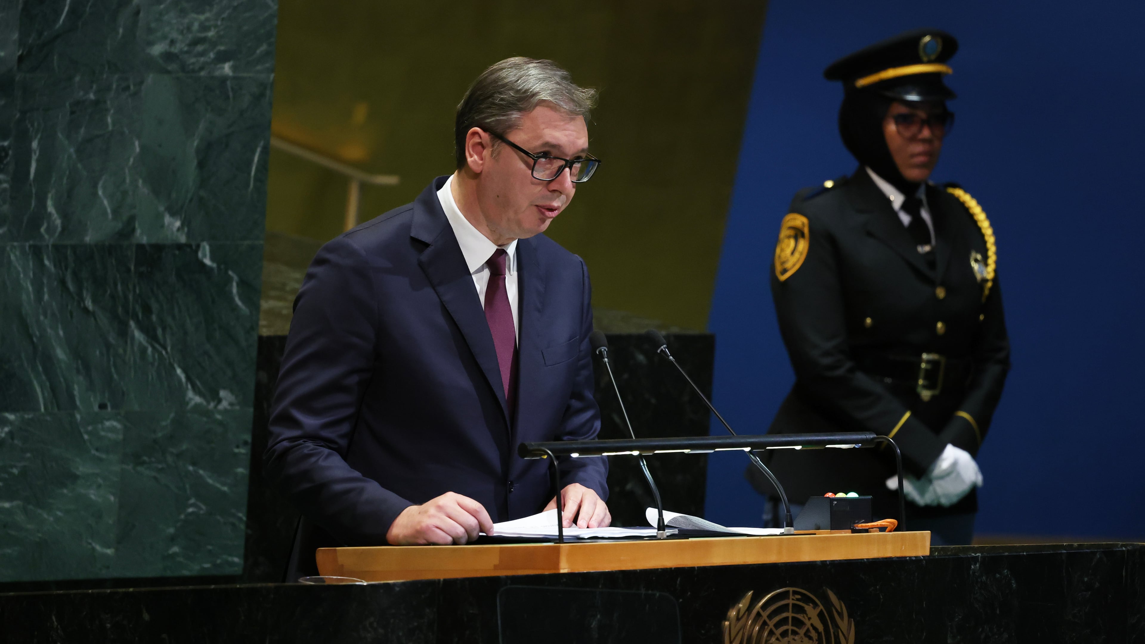 Serbia's President Aleksandar Vucic addresses the 80th session of the United Nations General Assembly, Wednesday, Sept. 24, 2025, at U.N. headquarters. (AP Photo/Heather Khalifa)