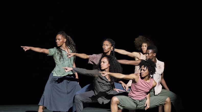 Alvin Ailey American Dance Theater dancers, including Jacqueline Green (top center), perform “Shelter.” CONTRIBUTED BY PAUL KOLNIK