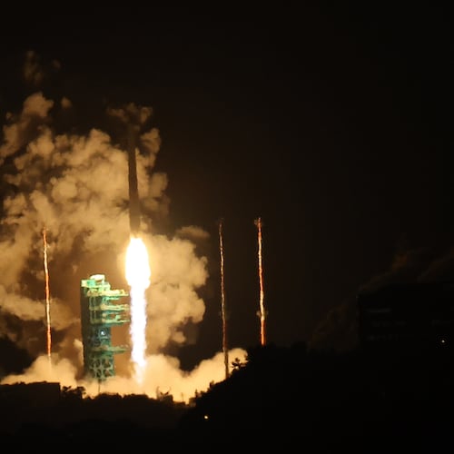 The Nuri rocket lifts off from a launch pad at the Naro Space Center in Goheung, South Korea, Thursday, Nov. 27, 2025. (Kim Sung-min/Yonhap via AP)