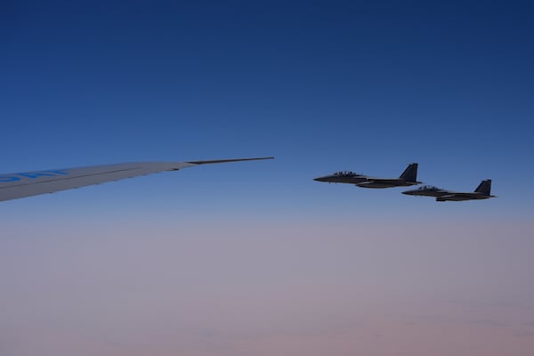 Saudi Air Force F-15 warplanes escort Air Force One carrying President Donald Trump as it arrives in Saudi Arabia, Tuesday, May 13, 2025. (AP Photo/Alex Brandon)