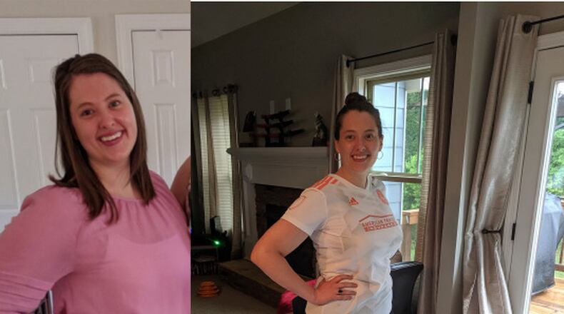 In the photo on the left, taken in March 2018, Lindsay Benton weighed 209 pounds. In the photo on the right, taken this month, she weighed 179 pounds. (All photos contributed by Lindsay Benton)