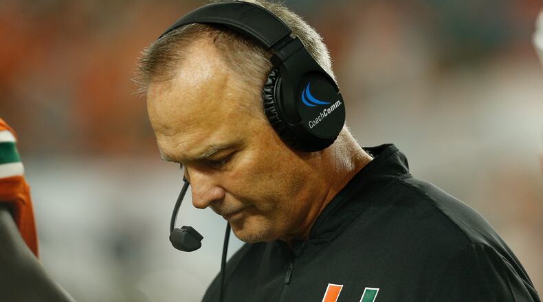 Head coach Mark Richt of the Miami Hurricanes looks on against the Pittsburgh Panthers at Hard Rock Stadium on November 24, 2018 in Miami Gardens, Florida.  (Photo by Michael Reaves/Getty Images)
