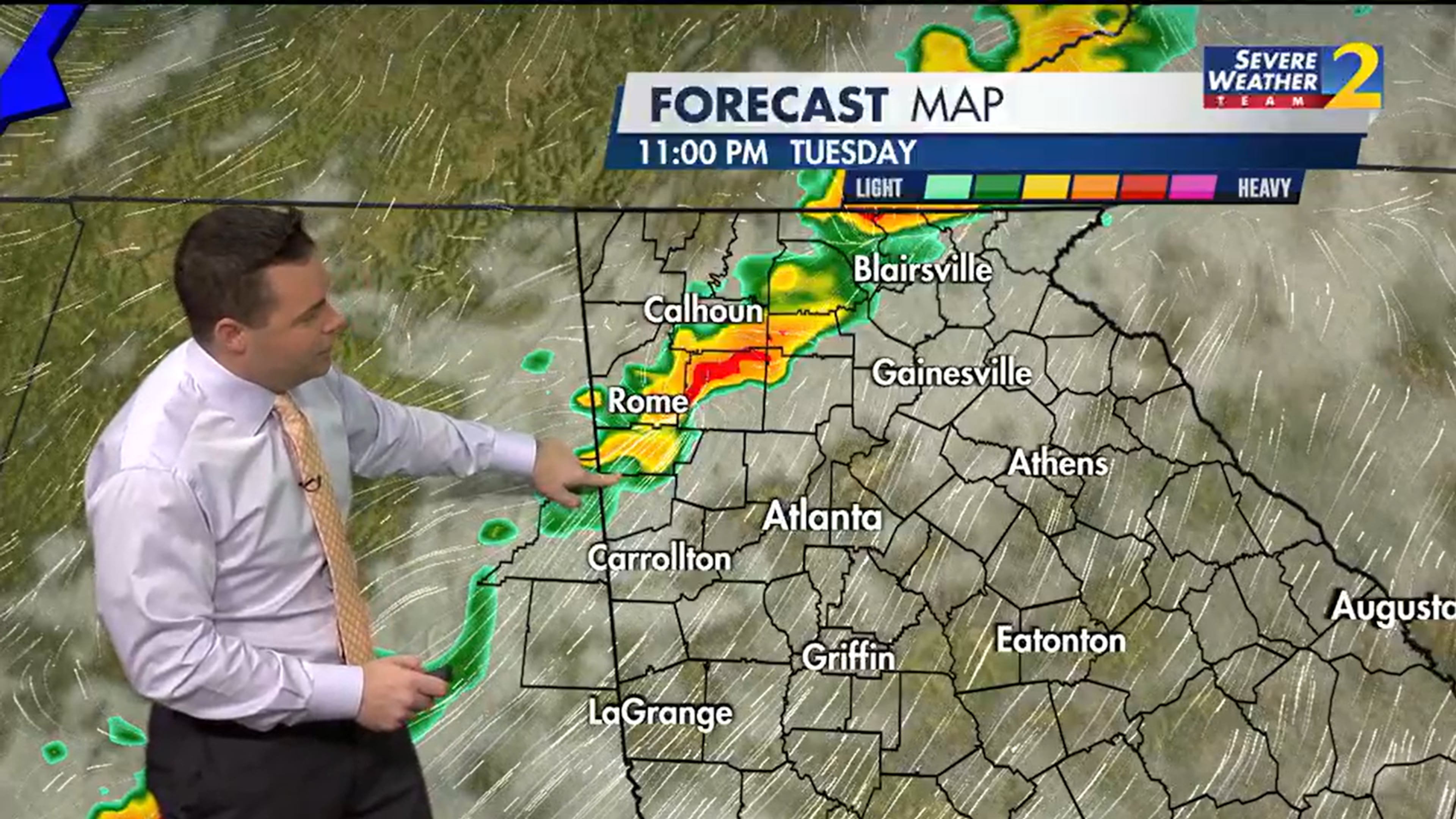 Strong to severe storms are expected starting late Tuesday in metro Atlanta, according to Channel 2 Action News meteorologist Brian Monahan. (Channel 2 Action News)