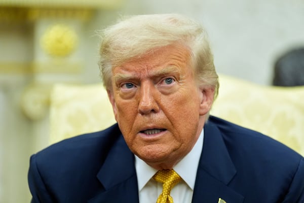 President Donald Trump speaks during a meeting with Bahrain's Crown Prince Salman bin Hamad Al Khalifa in the Oval Office of the White House, Wednesday, July 16, 2025, in Washington. (AP Photo/Alex Brandon)