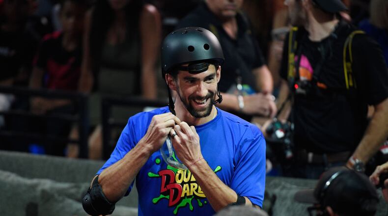 SANTA MONICA, CA - JULY 19: Swimmer Michael Phelps participates in a challenge onstage during the Nickelodeon Kids' Choice Sports 2018 at Barker Hangar on July 19, 2018 in Santa Monica, California. Phelps was diagnosed with ADHD when he was 9 years old.