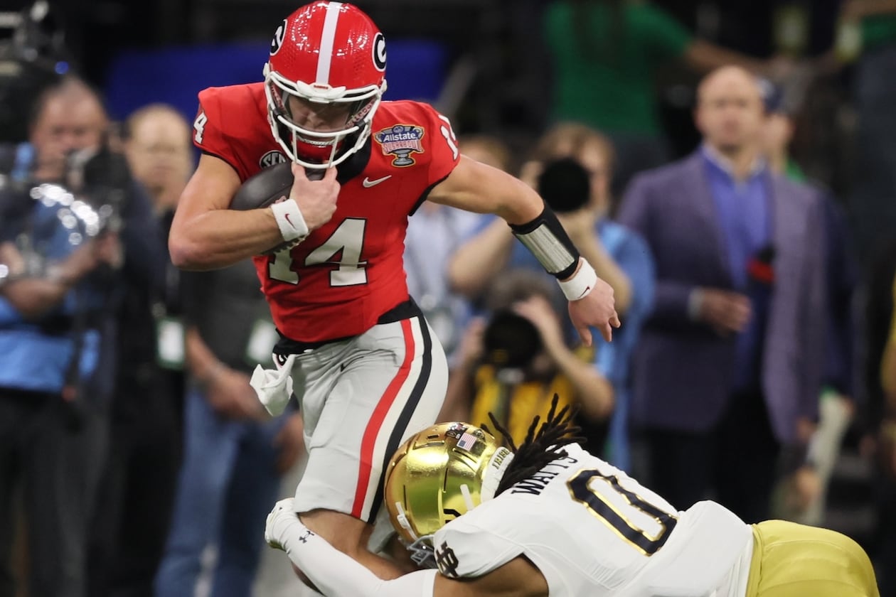 Georgia quarterback Gunner Stockton will have another chance at a Sugar Bowl win when the Bulldogs open CFP play in New Orleans on Jan. 1. Stockton and UGA lost to Notre Dame in the Sugar Bowl to end last season. (Jason Getz/AJC)