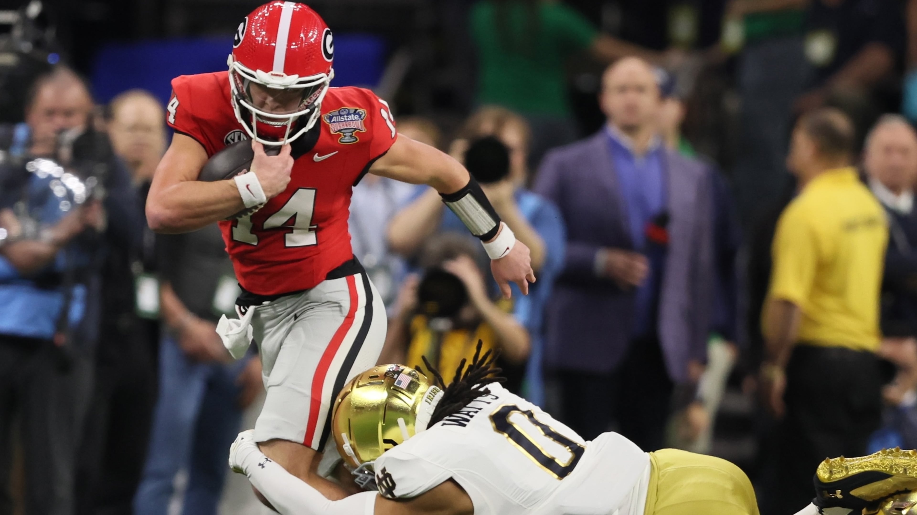 Georgia quarterback Gunner Stockton will have another chance at a Sugar Bowl win when the Bulldogs open CFP play in New Orleans on Jan. 1. Stockton and UGA lost to Notre Dame in the Sugar Bowl to end last season. (Jason Getz/AJC)