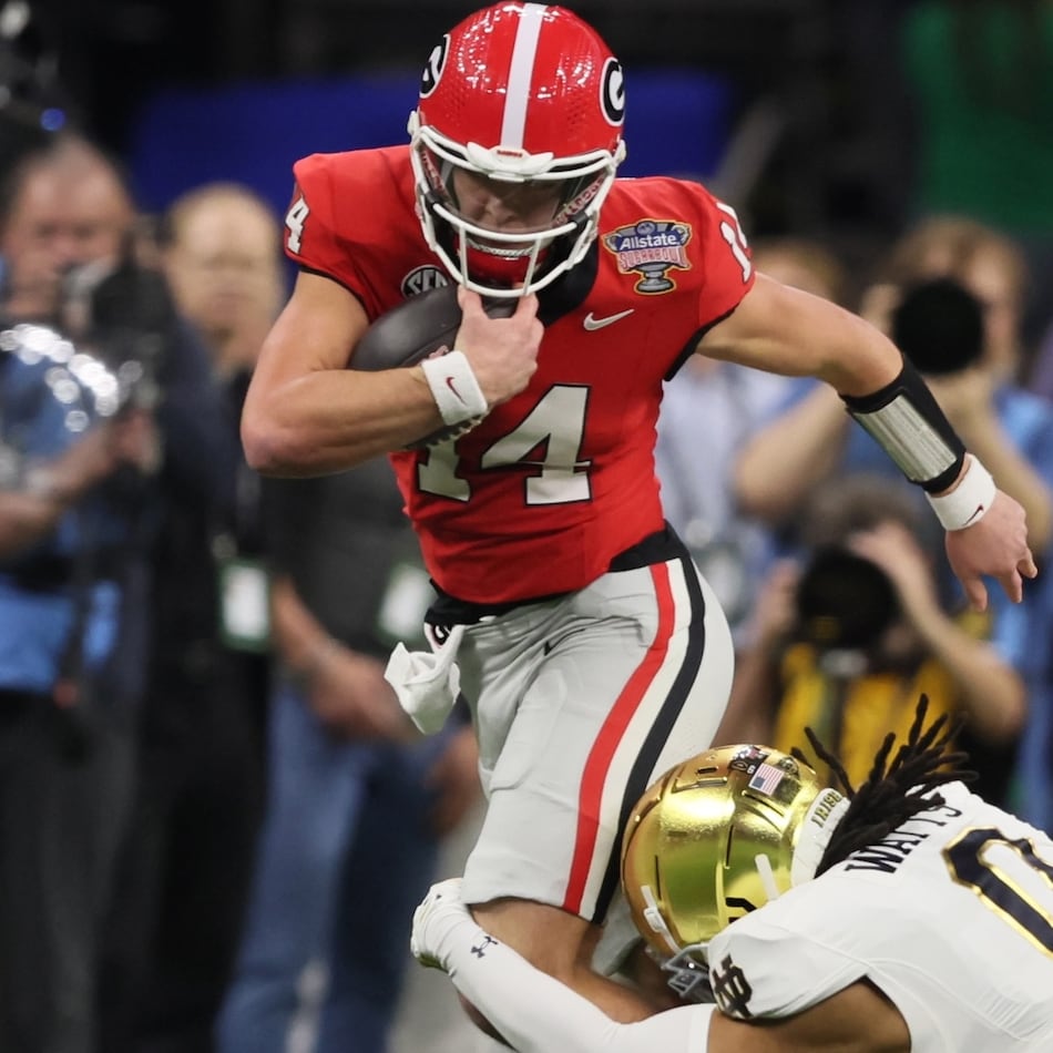 Georgia quarterback Gunner Stockton will have another chance at a Sugar Bowl win when the Bulldogs open CFP play in New Orleans on Jan. 1. Stockton and UGA lost to Notre Dame in the Sugar Bowl to end last season. (Jason Getz/AJC)