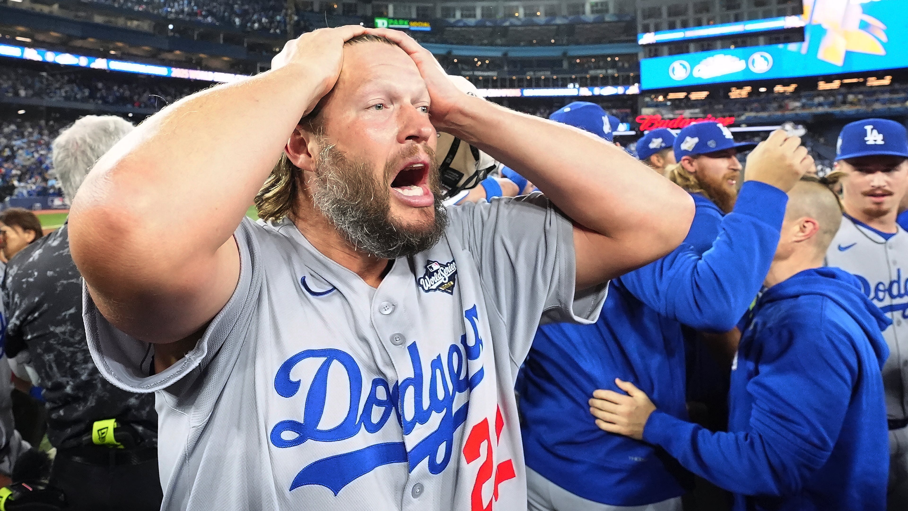Los Angeles Dodgers pitcher Clayton Kershaw celebrates after the Dodgers defeated the Toronto Blue Jays in Game 7 of baseball's World Series, Sunday, Nov. 2, 2025, in Toronto. (Frank Gunn/The Canadian Press via AP)