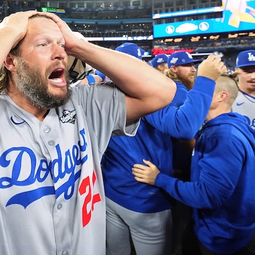 Los Angeles Dodgers pitcher Clayton Kershaw celebrates after the Dodgers defeated the Toronto Blue Jays in Game 7 of baseball's World Series, Sunday, Nov. 2, 2025, in Toronto. (Frank Gunn/The Canadian Press via AP)