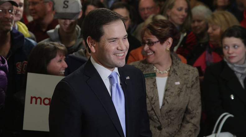Republican presidential candidate Sen. Marco Rubio (R-FL) arrives at a campaign rally in the Exeter Town Hall February 2, 2016 in Exeter, New Hampshire. Rubio is campaigning in New Hampshire the day after placing third in Monday's Iowa caucuses, finishing one percentage point behind Donald Trump and four points behind the leader, Sen. Ted Cruz (R-TX). (Photo by Chip Somodevilla/Getty Images)