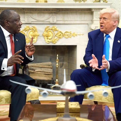 FILE - President Donald Trump meets South Africa's President Cyril Ramaphosa in the Oval Office of the White House, May 21, 2025, in Washington. (AP Photo/Evan Vucci, File)