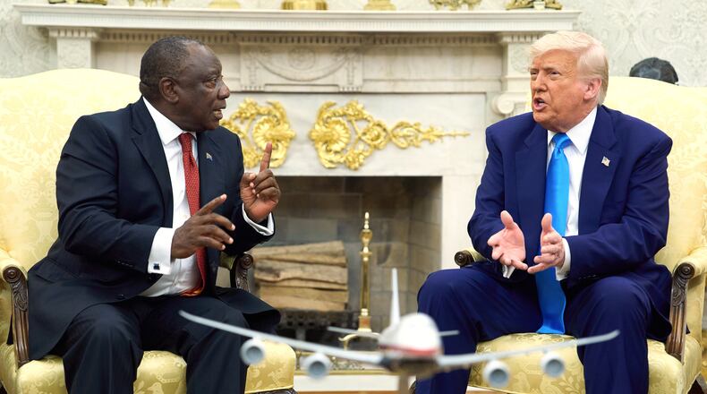 FILE - President Donald Trump meets South Africa's President Cyril Ramaphosa in the Oval Office of the White House, May 21, 2025, in Washington. (AP Photo/Evan Vucci, File)