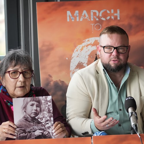 Evelyn Korkmaz, left, Gemma Hickey, center, and Matthias Katsch, with Ending Clergy Abuse, a global organization of abuse victims and activists, hold a press conference after a meeting with Pope Leo XIV at the Vatican, in Rome, Monday, Oct. 20, 2025. (AP Photo/Andrew Medichini)