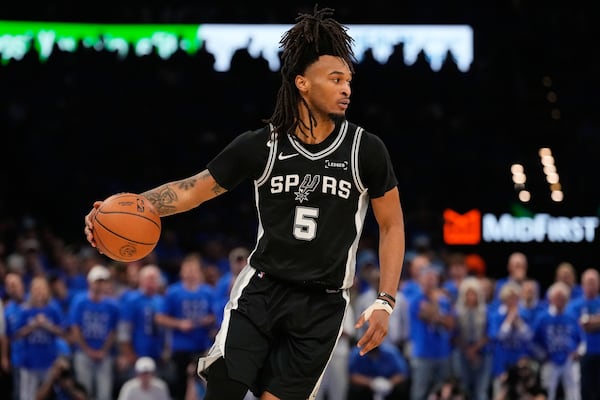 The Spurs' Stephon Castle — pictured during San Antonio's Game 7 win over the defending champion Thunder on May 30 — is averaging 19 points, 6.3 assists and five rebounds in 21 playoff games. (Tony Gutierrez/AP)