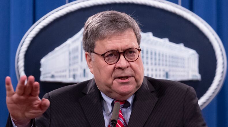 Then-U.S. Attorney General Bill Barr holds a news conference at the Department of Justice December 21, 2020 in Washington, D.C. (Michael Reynolds/Pool/Getty Images/TNS)