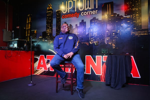 Daryll Triplett, a retired Georgia police officer turned stand-up comic, rehearses for a comedy show at Uptown Comedy Corner in Atlanta on Monday, June 30, 2025.  (Abbey Cutrer/AJC)