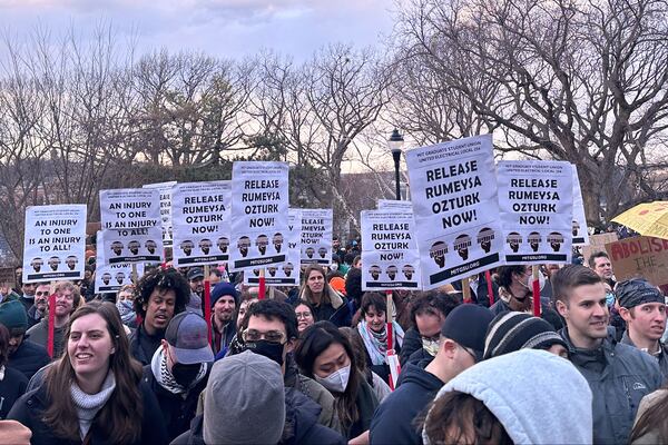 Hundreds of people gather in Somerville, Mass., on March 26, 2025, to demand the release of Rumeysa Ozturk, a Turkish student at Tufts University, who was arrested by federal agents Tuesday night. (AP Photo/Michael Casey)